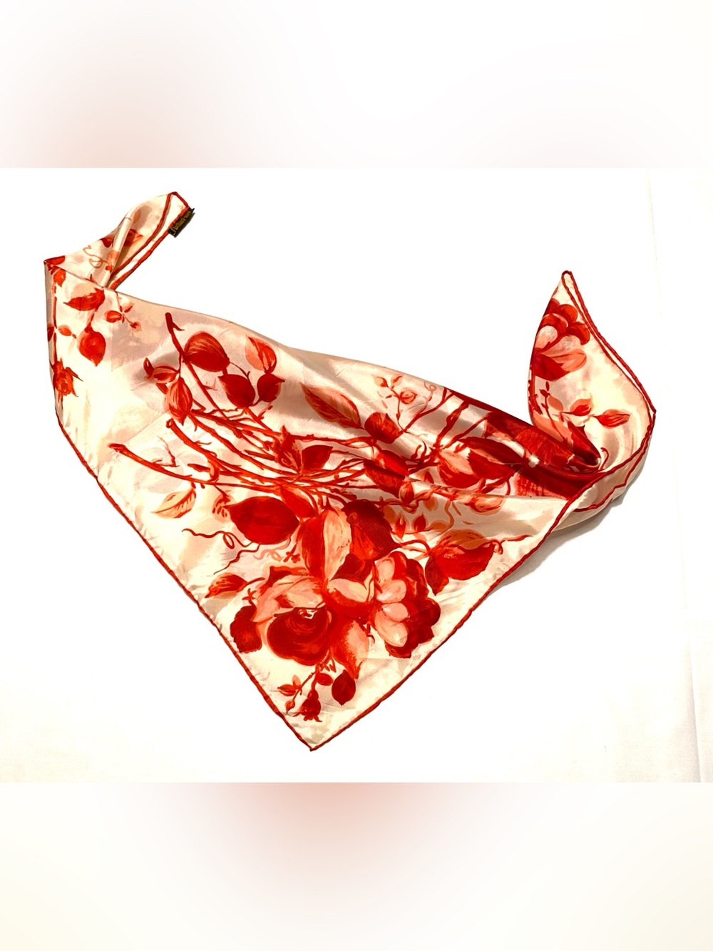 Vintage Japan Red Cream Rose Floral Square Scarf 25” Painterly Romantic